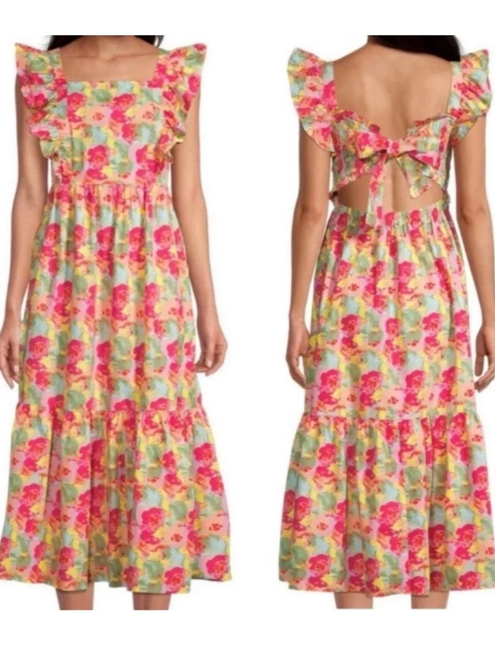 Floral Square-Neck Midi Dress in Pink and Green